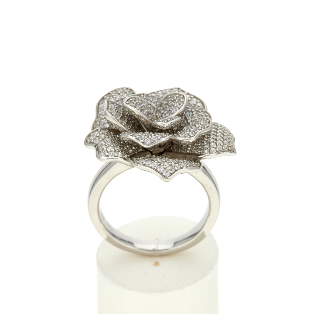 Bague argent 925 motif fleur et zirconias - vue 360