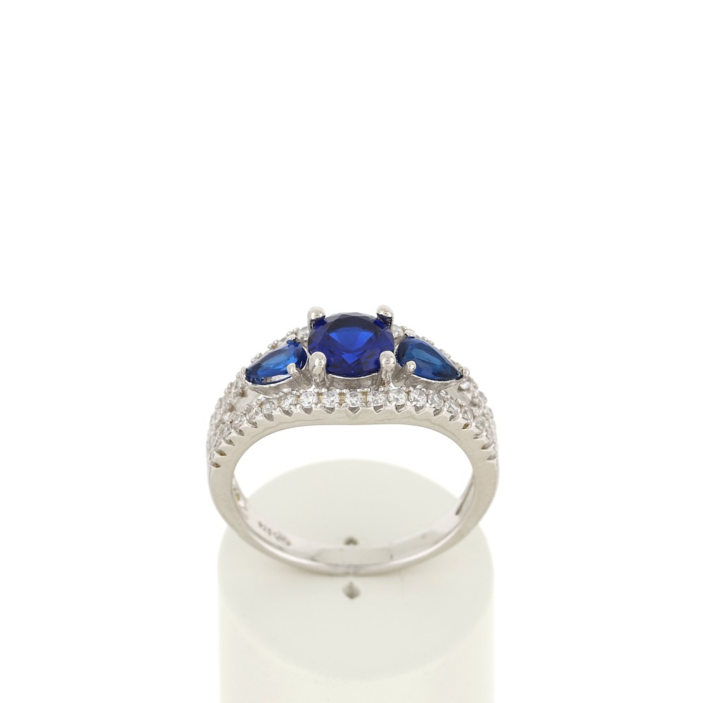 Bague argent 925 3 zirconias bleus et zirconias blancs - vue 360