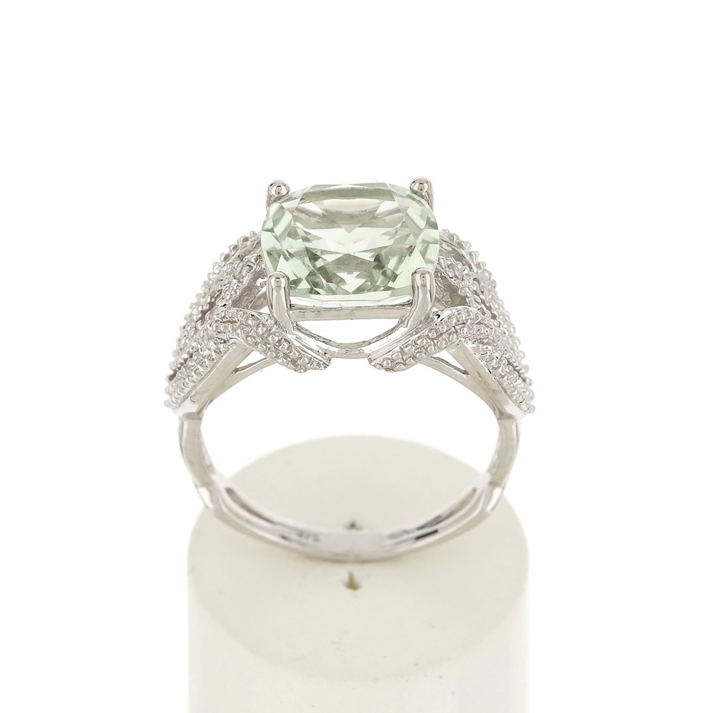 Bague or 375 blanc quartz vert et diamants - vue 360