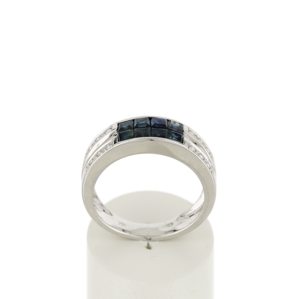Bague or 750 blanc double anneau saphirs et diamants - vue 360